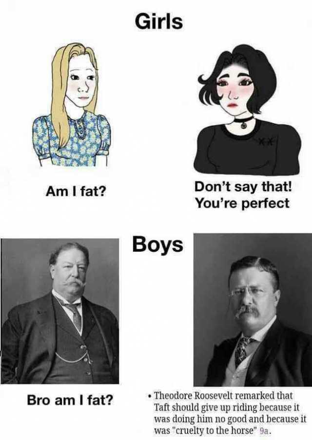 Girls AmI fat Dont say that! Youre perfect Boys Theodore Roosevelt remarked that Bro am I fat Taft should give up riding because it was doinghim no good and because it was cruelty to the horse 9a.