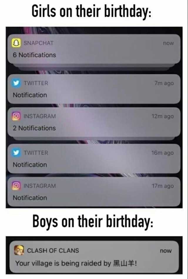 Girls on their birthday SNAPCHAT now 6 Notifications TWITTER 7m ago Notification INSTAGRAM 12m ago 2 Notifications TWITTER 16m ago Notification INSTAGRAM ago Notification Boys on their birthday CLASH OF CLANS now Your village is b