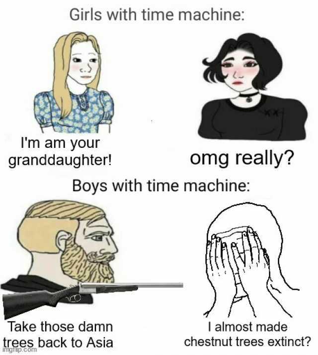 Girls with time machine Im am your granddaughter! Boys with time machine Take those damn omg really trees back to Asia l almost made chestnut trees extinct