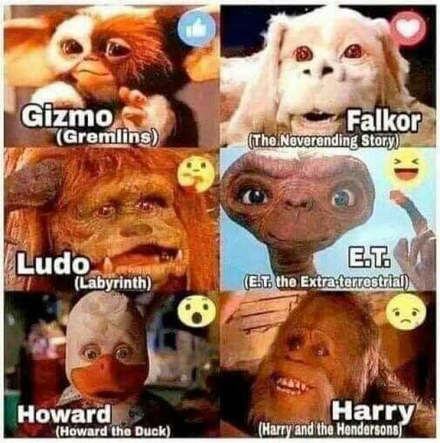 Gizmo (Gremlins) Falkor (The Neverending StorY) c Ludo (Labyrinth) (EST the Extratenostini Howard (Howard the Duck) Harry Hary and the HendersonsE