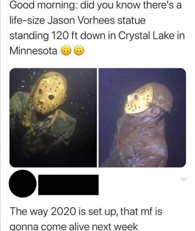 Good morning did you know theres a life-size Jason Vorhees statue standing 120 ft down in Crystal Lake in Minnesota The way 2020 is set up that mf is gonna come alive next week 