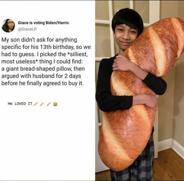 Grace is voting Biden/Harris @GracelP My son didnt ask for anything specific for his 13th birthday so we had to guess. I picked the *silliest most useless* thing I could find a giant bread-shaped pillow then argued with husband fo