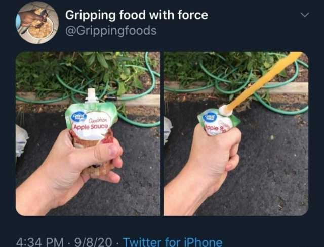 Gripping food with force @Grippingfoods Cinnamon Apple Sauce Ci Apple S 434 PM · 9/8/20 · Twitter for iPhone 