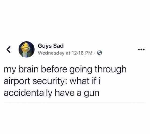 Guys Sad Wednesday at 1216 PM 6 my brain before going through airport security what if i accidentally have a gun 