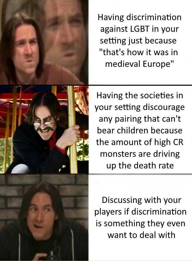 Having discrimination against LGBT in your setting just because thats how it was in medieval Europe Having the societies in your setting discourage any pairing that cant bear children because the amount of high CR monsters are dri