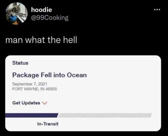 hoodie @99Cooking man what the hel Status Package Fell into Ocean September 7 2021 FORT WAYNE IN 46805 Get Updates In-Transit