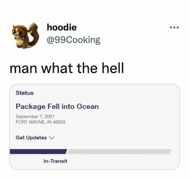 hoodie @99Cooking man what the hell Status Package Fell into Ocean September 7 2021 FORT WAYNE IN 46805 Get Updates In-Transit