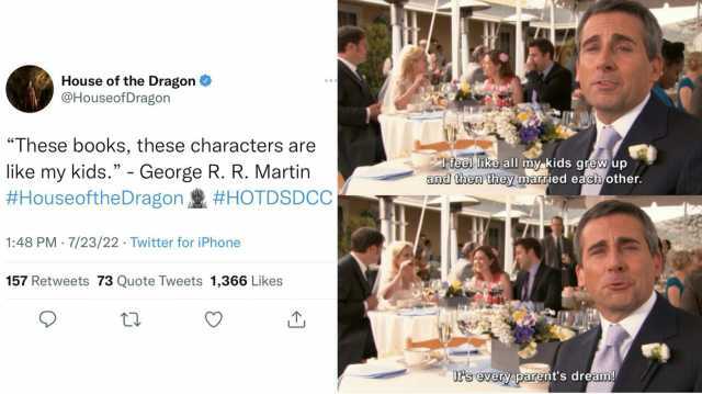 House of the Dragon @HouseofDragon These books these characters are like my kids. - George R. R. Martin #Houseofthe Dragon#HOTDSDCC teel like all my kids grew up and then they maruied each other. 148 PM 7/23/22 Twitter for iPhone 