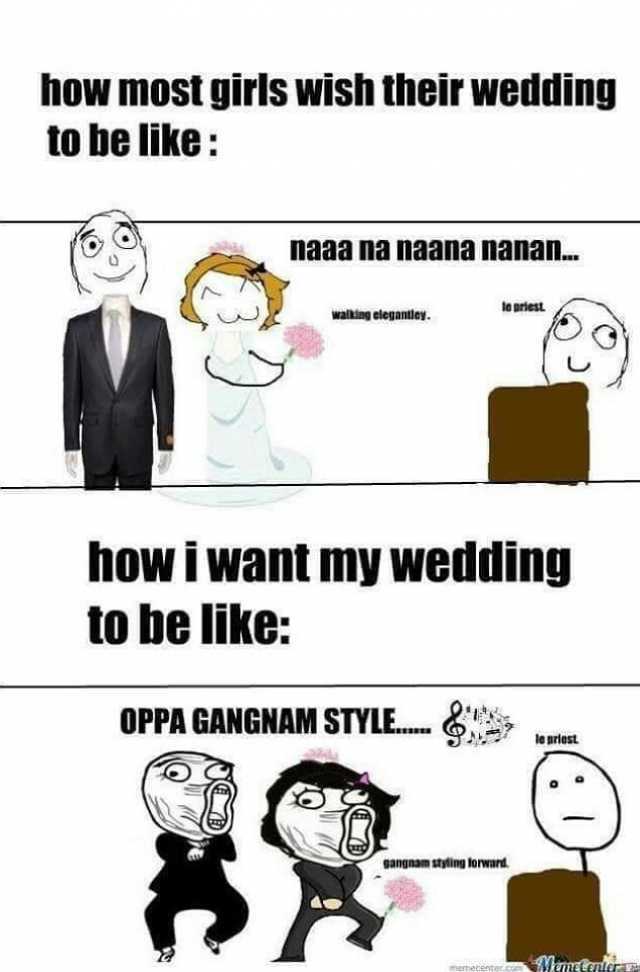 how most girls wish their wedding to be like naaa na naana nanan... to priest Wwalking elegantley. howi want my wedding to be like OPPA GANGNAM STYLE.. A leprest gangnam styling lorward. tr memecente
