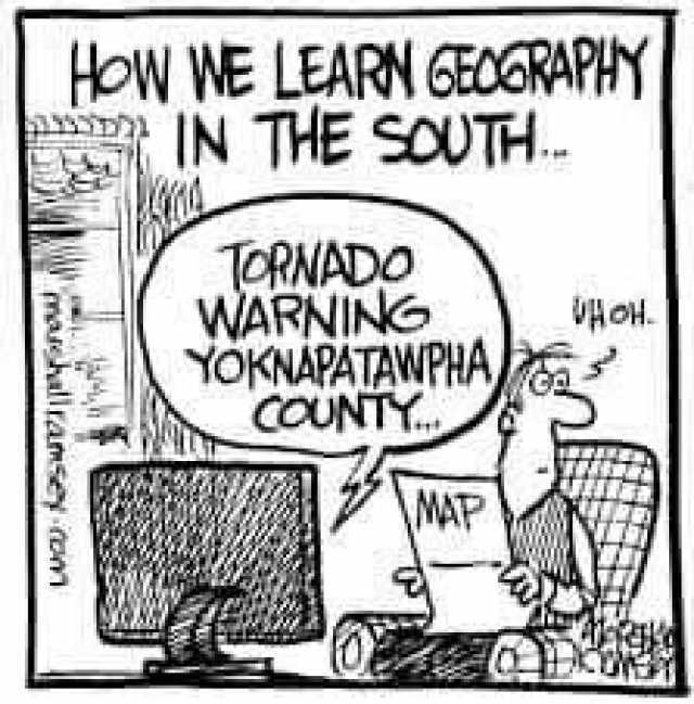 HoW NE LEARN 6EOGRAPHY IN THE SOUTH. TCRNADO WARNING YoKNAPATAWPHA COUNTY. VHOH MAP