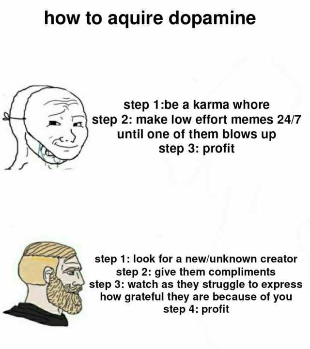 how to aquire dopamine step 1be a karma whore step 2 make low effort memes 24/7 until one of them blows up step 3 profit step 1 look for a new/unknown creator step 2 give them compliments astep 3 watch as they struggle to express 