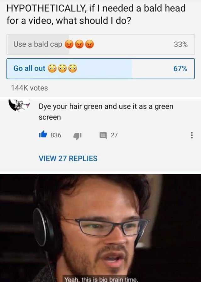 HYPOTHETICALLY if I needed a bald head for a video what should I do? Use a bald cap 33% Go all out 67% 144K votes Dye your hair green and use it as a green screen 836 27 VIEW 27 REPLIES Yeah this is big brain time. 