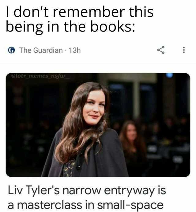 I dont remember this being in the books The Guardian 13h @lotr_memes_nsjw_ Liv Tylers narrow entryway is a masterclass in small-space