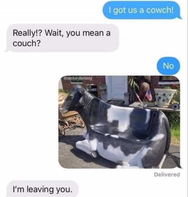 I got us a cowch! Really!? Wait you mean a couch? No wifordbrimly Delivered Im leaving you. 