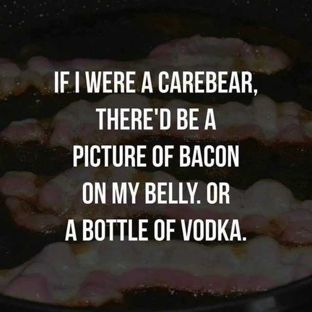 IE I WERE A CAREBEAR THERED BE A PICTURE OF BACON ON MY BELLY. OR A BOTTLE OF VODKA. 