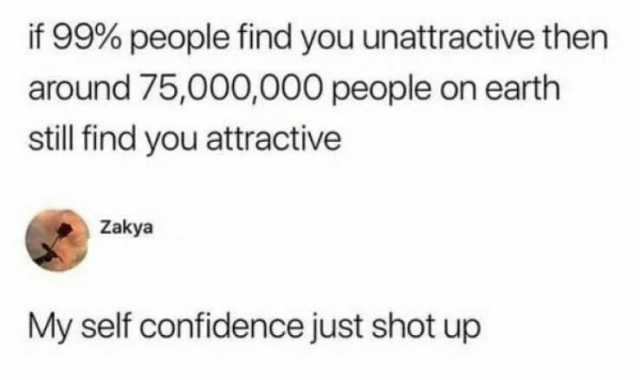 if 99% people find you unattractive then around 75000000 people on earth still find you attractive Zakya My self confidence just shot up