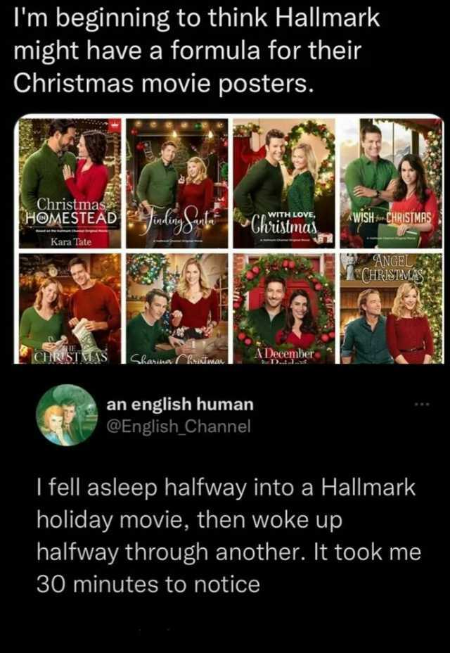 Im beginning to think Hallmark might have a formula for their Christmas movie posters. Christmas HOMESTEAD Chistm AWISHCHRISTMAS Kara Tate ANGEL CCHRSTMS CASIMS ÄDecember SKarinal an english human @English_Channel I fell asleep h