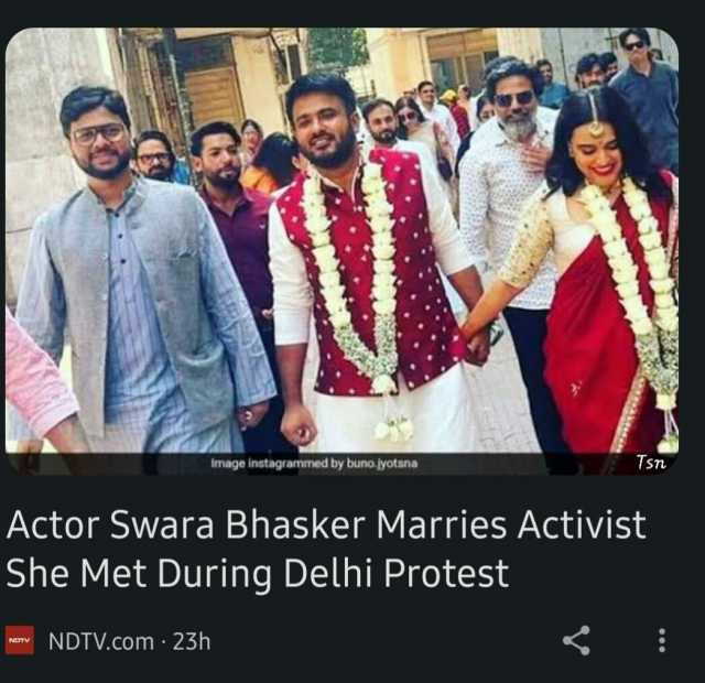 Image instagrammed by buno.jyotsna Tsn Actor Swara Bhasker Marries Activist She Met During Delhi Protest NDTV.com 23h NT