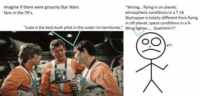 Imagine if there were grouchy Star Wars Wrong... flying in on planet atmospheric conditions in a T-16 Skyhopper is totally different from flying in off planet space conditions in a X- fans in the 70s. Luke is the best bush pilot i