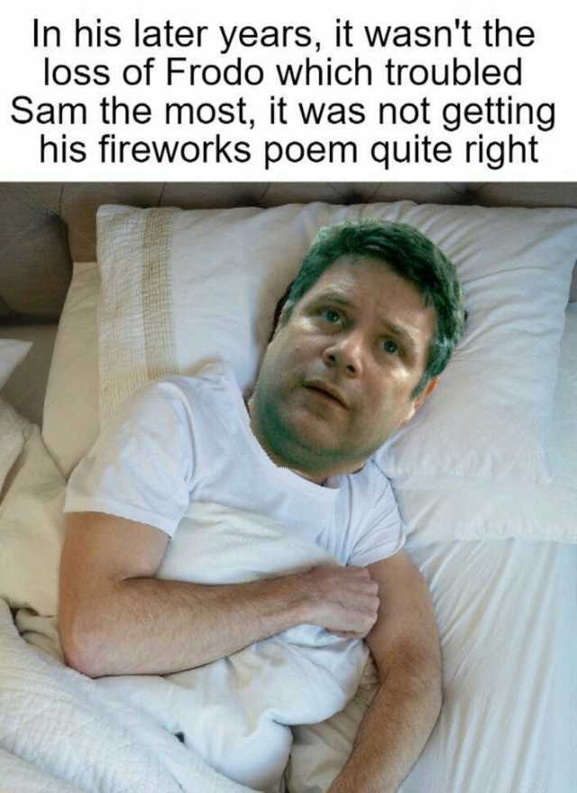 In his later years it wasnt the loss of Frodo which troubled Sam the most it was not getting his fireworks poem quite right
