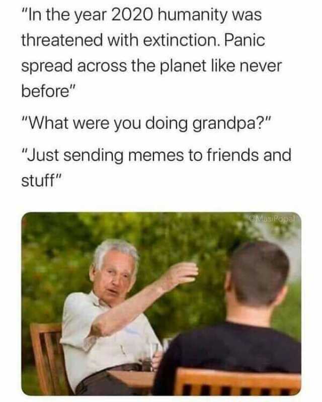 In the year 2020 humanity was threatened with extinction. Panic spread across the planet like never before What were you doing grandpa Just sending memes to friends and stuff ManiPopa