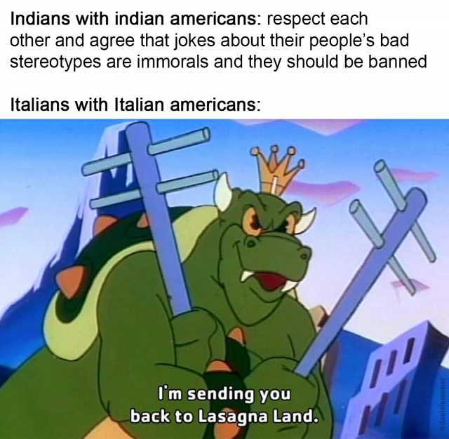 Indians with indian americans respect each other and agree that jokes about their peoples bad stereotypes are immorals and they should be banned Italians with Italian americans lm sending you back to Lasagna Land. @danielememer
