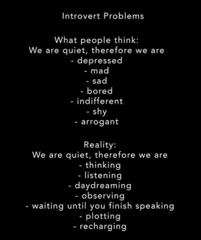 Introvert Problems What people think We are quiet therefore we are - depressed - mad - sad bored - indifferent - shy arrogant Reality We are quiet therefore we are thinking - listening - daydreaming observing - waiting until you f
