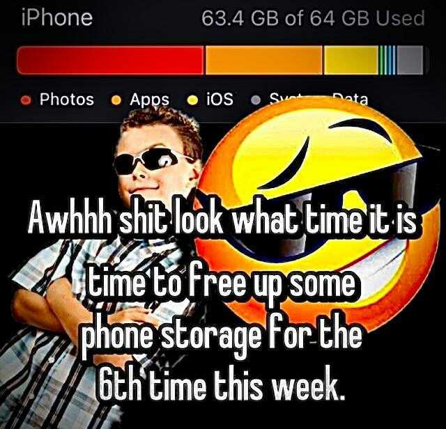 iPhone 63.4 GBof 64 GB Used Photos Apps iOS nata Awhhh shit look time to freeup some phone storage for Che 6E time this week. l what time it is