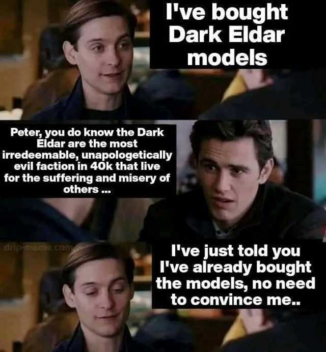 Ive bought Dark Eldar models Peter you do know the Dark Eldar are the most irredeemable unapologetically evil faction in 40k that live for the suffering and misery of others. dripememe.com lve just told you Tve already bought the 