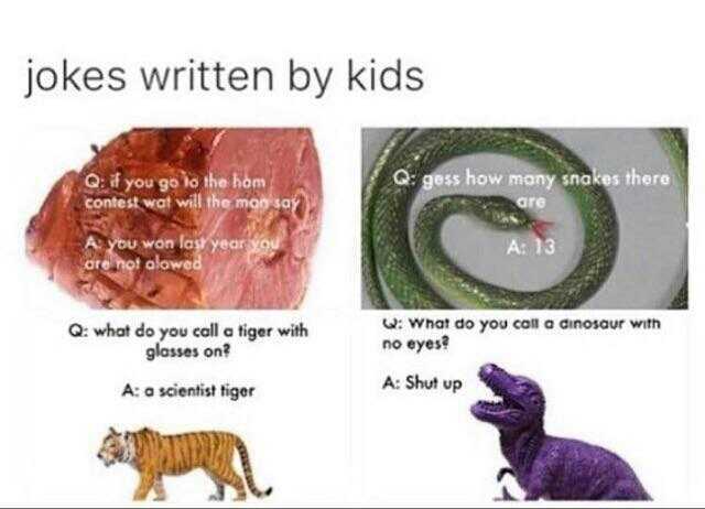 jokes written by kids Qf you go lo the hom contest wat will the mo3oY gess how many snakes there are A you won las year you ore not alowed A 13 Q what do you call a tiger with glasses on What do you colla dinosaur with no eyes Aa 