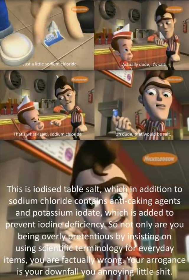 Just a little soefum chioride Actually dude its salt IKO Thats what I sald sodium chloride Uh dude that would be salt NICKELODEON This is iodised table salt which in addition to sodium chloride contains anti-caking agents and pota