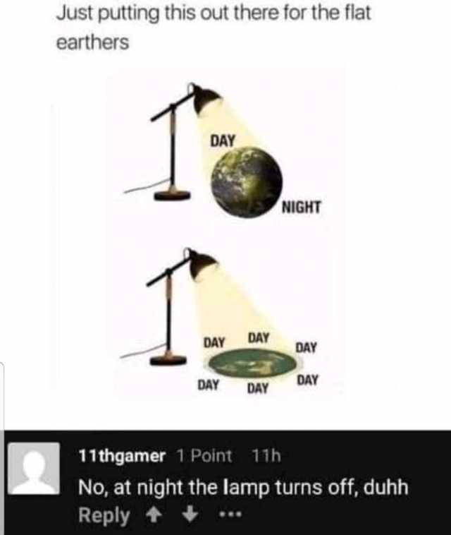 Just putting this out there for the flat earthers DAY NIGHT DAY DAY DAY DAY DAY DAY 11thgamer 1 Point 11h No at night the lamp turns off duhh Reply 