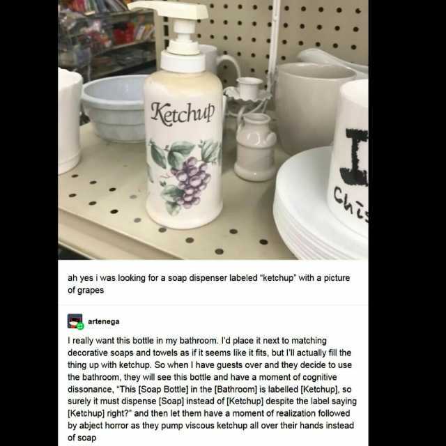 Ketchu ah yes i was looking for a soap dispenser labeled ketchup with a picture of grapes artenega I really want this bottle in my bathroom. ld place it next to matching decorative soaps and towels as if it seems like it fits but 