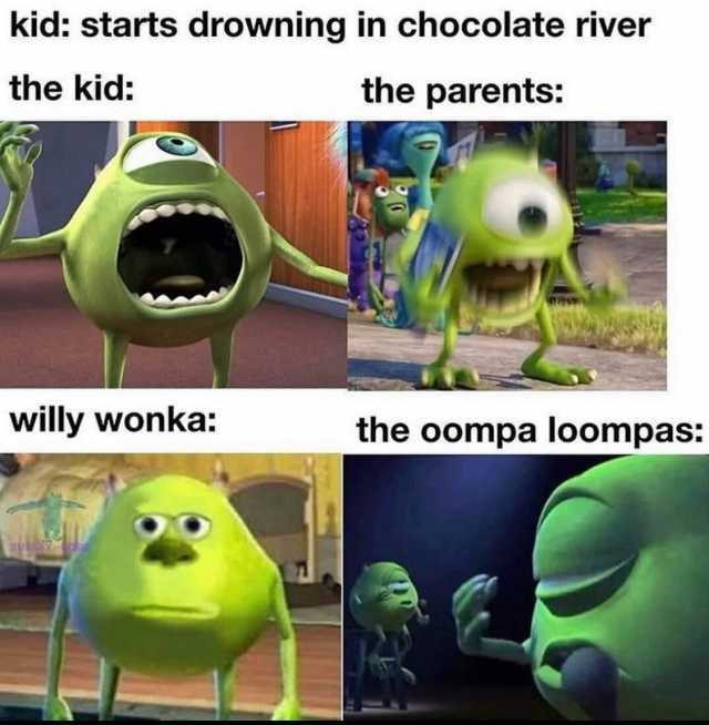 kid starts drowning in chocolate river the kid the parents willy wonka the oompa loompas 