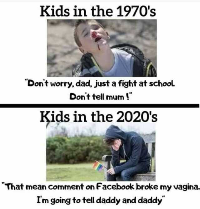 Kids in the 1970s Dont worry dad just a fight at school Dont tell mum Kids in the 2020s That mean comment on Facebook broke my vagina. Tm going to tell daddy and daddy