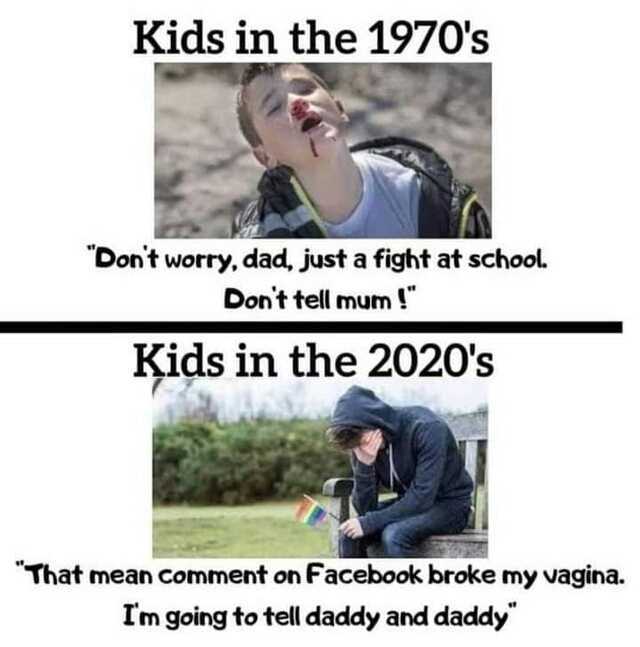 Kids in the 1970s Dont worry dad just a fight at school. Dont tell mum! Kids in the 2020s That mean comment on Facebook broke my vagina. Tm going to tell daddy and daddy