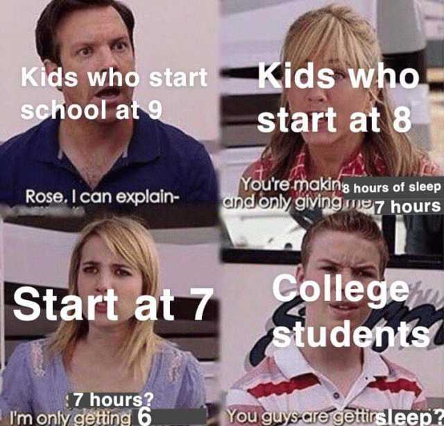 Kids who start at 8 Kids who start school at 9 Youre makins hours of sleep and only giving hours Rose I can explain- College students Start at 7 $7 hours? Im only getting 6 You guys-are gettirsleep? 