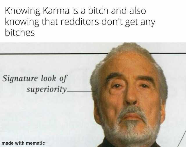 Knowing Karma is a bitch and also knowing that redditors dont get any bitches Signature look of superiority made with mematic