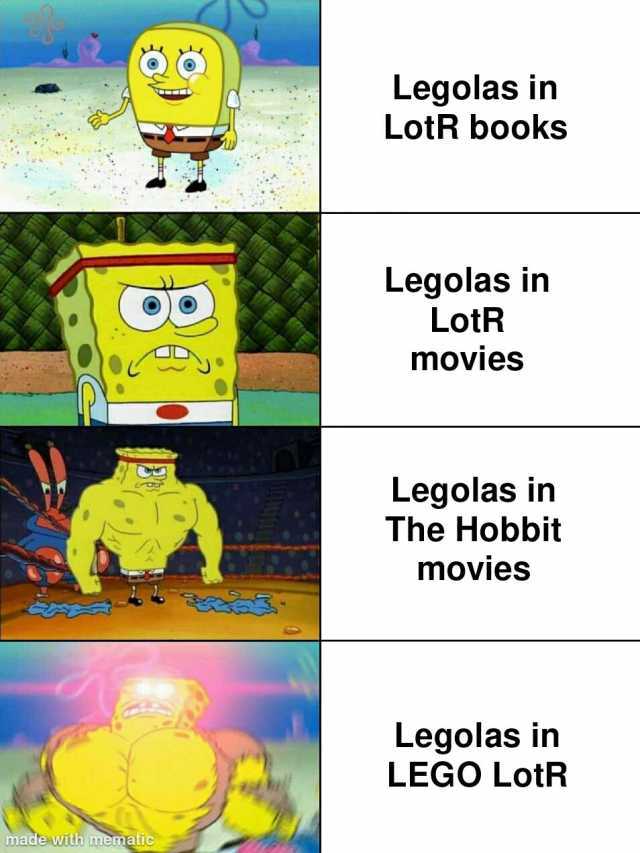 Legolas in LotR books Legolas in LotR movies Legolas in The Hobbit movies Legolas in LEGO LotR made with mematic