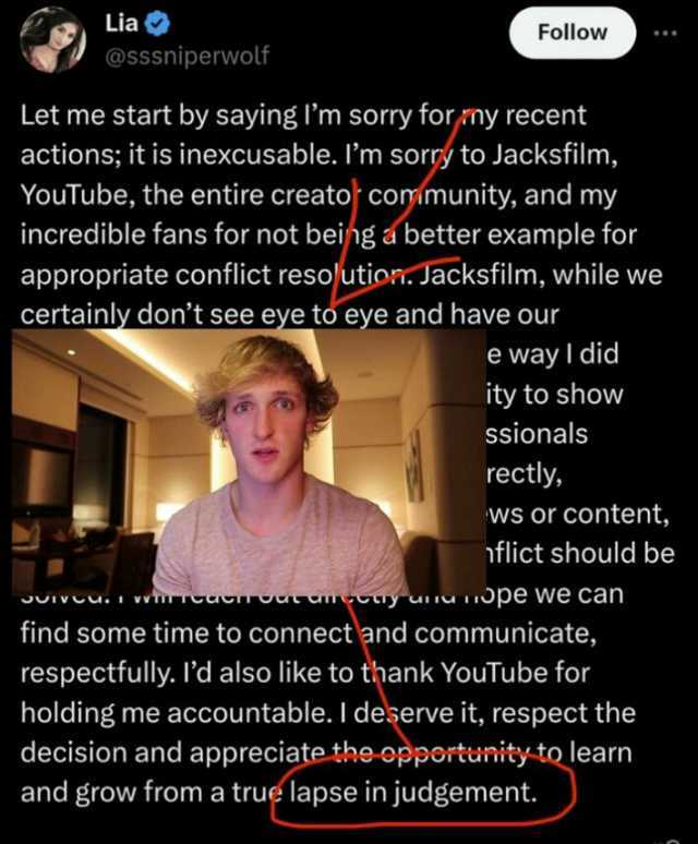 Lia @Sssniperwolf Follow Let me start by saying Im sorry formy recent actions; it is inexcusable. Im sorrý to Jacksfilm YouTube the entire creato coimunity and my incredible fans for not being a better example for appropriate con
