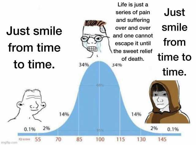 Life is just a series of pain Just and suffering Just smile over and over smile and one cannot escape it until from from time \ the sweet relief of death. time to to time. 34% 34% time. 14% 14% 0.1% 2% 2% 0.1% Q score 55 70 85 100