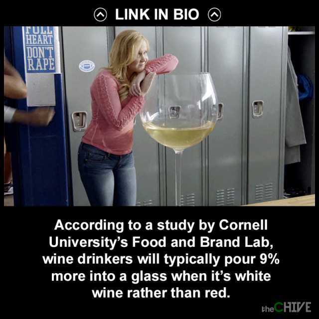 LINK IN BIOO TULL HEART DONT RAPE According to a study by Cornell Universitys Food and Brand Lab wine drinkers will typically pour 9% more into a glass when its white wine rather than red. the CHIVE 