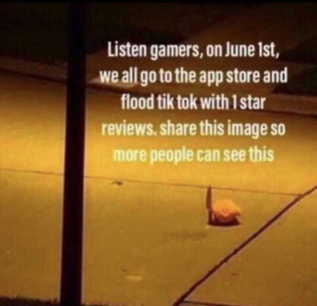 Listen gamers on June Ist We all go to the app store and flood tik tok with 1star reviews. share this image so more people can see this