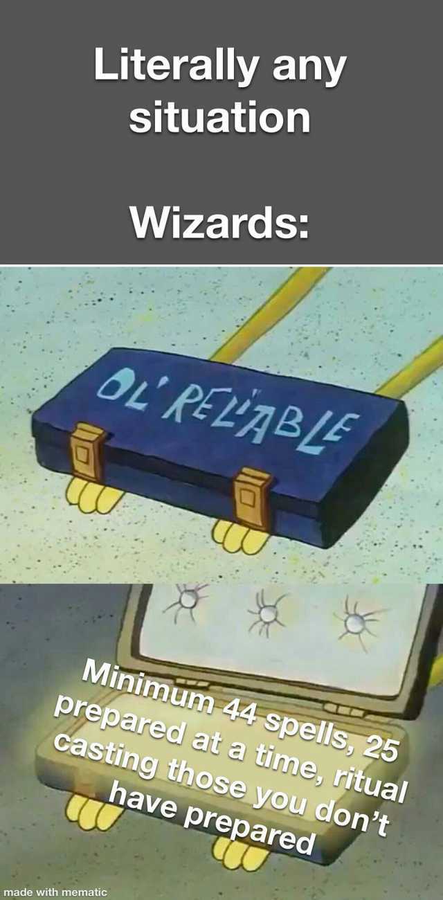 Literally any situatiobn Wizards OL RELg BE Minimum 44 spells 25 prepared at a time ritual Casting those yOu dont C have prepared made with mematic