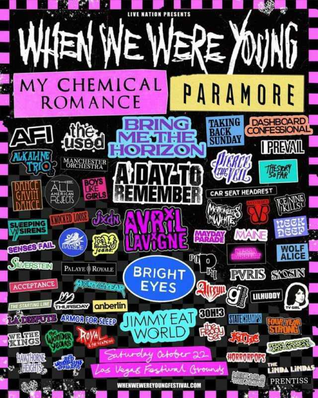 LIVE NATION PRESENTIS WHEN WE WERE OJNG MY CHEMICAL ROMANCE PARAMORE TAKINGDASHBOARD AFl RINa MEDHE BACK CONFESSIONAL PREVAL SEd HORZON IN ALKALANE DHiCE ATEBOYS GHVII DANCE DAY-TO JUS REMEMBER SEAT HEADREST GIRLS REJECIS AVHGNE C