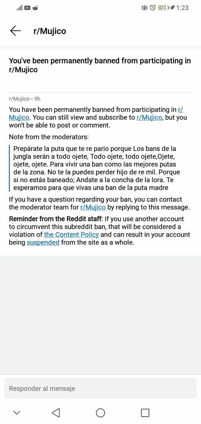 ll O201123 r/Mujico Youve been permanently banned from participating in r/Mujico r/Mujico 9h You have been permanently banned from participating in r Mujico. You can still view and subscribe to r/Mujico but you wont be able to pos