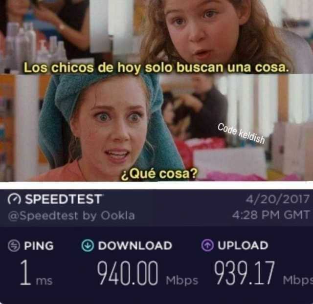 Los chicos de hoy solo buscan una cosa. Code keldish ¿Qué cosa? 4/20/2017 O SPEEDTEST 428 PM GMT @Speedtest by Ookla OUPLOAD PING DOWNLOAD 1 ms 940.00 939.1/ Mbps Mbps 