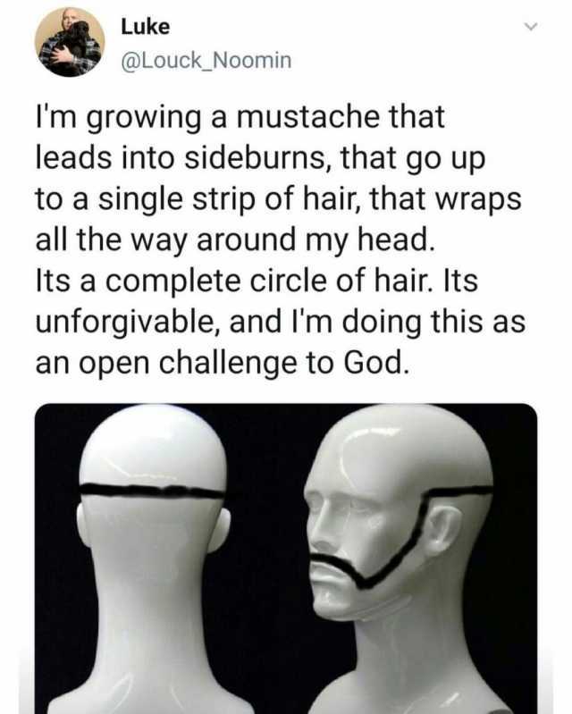 Luke @Louck_Noomin Im growing a mustache that leads into sideburns that go up to a single strip of hair that wraps all the way around my head. Its a complete circle of hair. Its unforgivable and Im doing this as an open challenge 