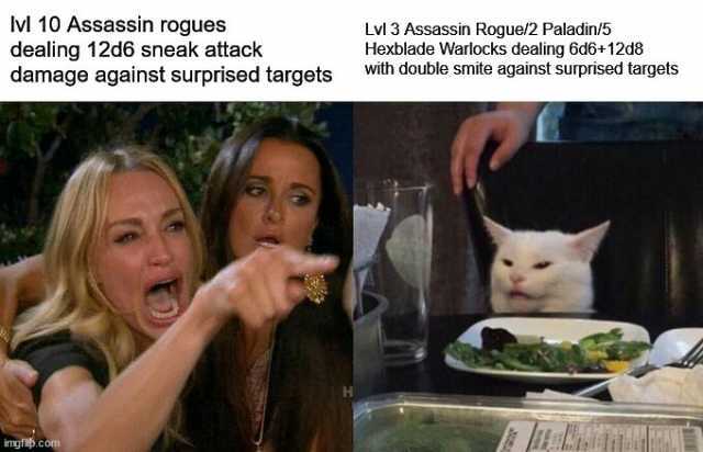 M 10 Assassin rogues dealing 12d6 sneak attack damage against surprised targets Lvl3 Assassin Rogue/2 Paladin/5 Hexblade Warlocks dealing 6d6+12d8 with double smite against surprised targets imgfib.c com