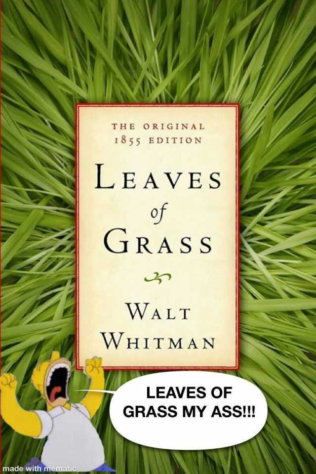 made with mematic THE ORIGINAL I855 EDITION LEAVES of GRASS WALT WHIT MAN LEAVES OF GRASS MY ASS!